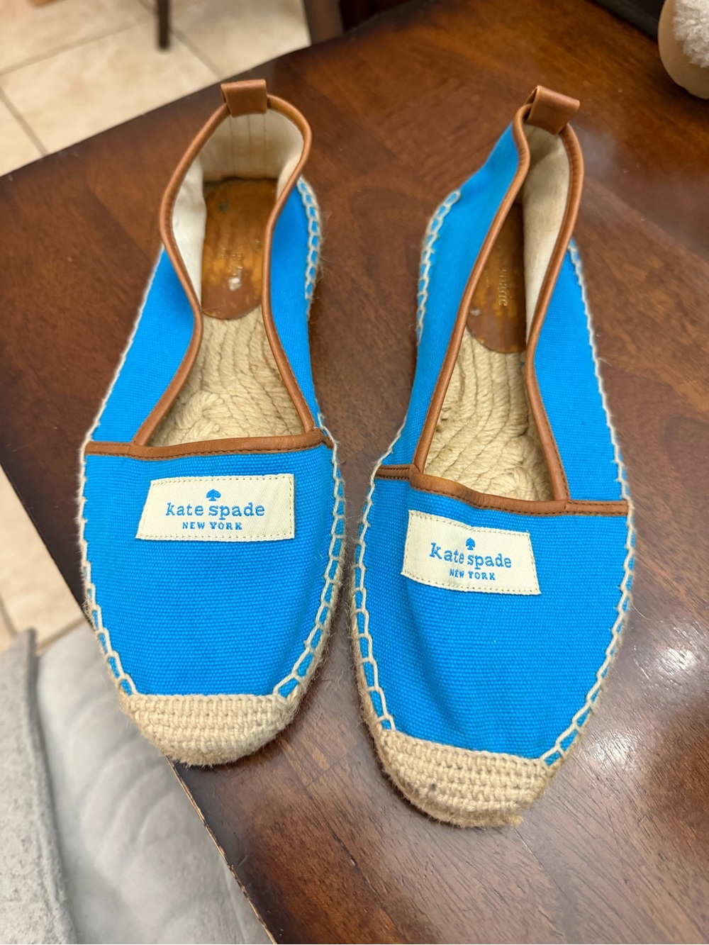 kate spade bright blue canvas espadrille flats with tan trim